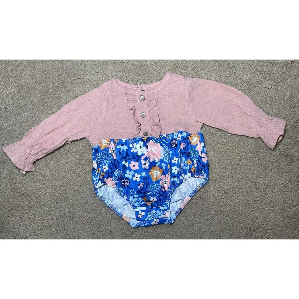 Marie Nicole Floral Long Sleeve Bubble, Pink And Blue, Size 3-6m‎